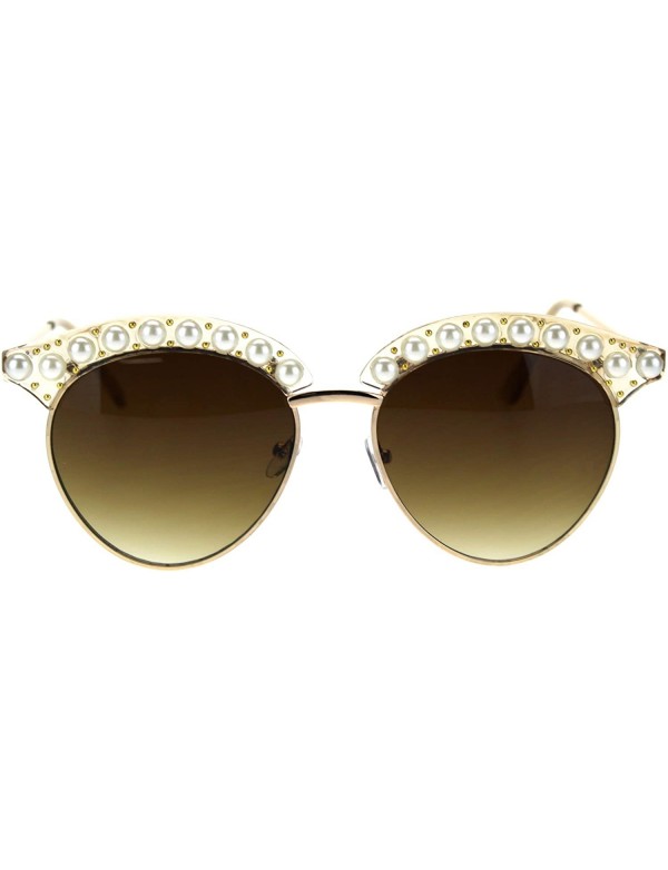 Round Womens Pearl Jewel Half Rim Chic Sunglasses - Peach Gold Brown - CP18SYQ00AD $12.19