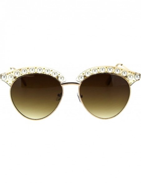 Round Womens Pearl Jewel Half Rim Chic Sunglasses - Peach Gold Brown - CP18SYQ00AD $12.19