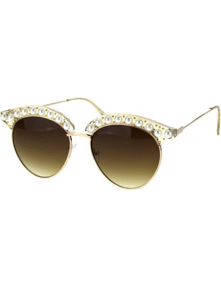 Round Womens Pearl Jewel Half Rim Chic Sunglasses - Peach Gold Brown - CP18SYQ00AD $12.19