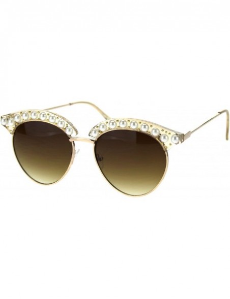 Round Womens Pearl Jewel Half Rim Chic Sunglasses - Peach Gold Brown - CP18SYQ00AD $12.19