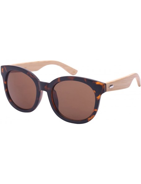 Round Round Horned Rim Wooden Bamboo Sunglasses w/Solid Lenses 31994BM-SD - Matte Tortoise - CP124QU9ANN $15.55