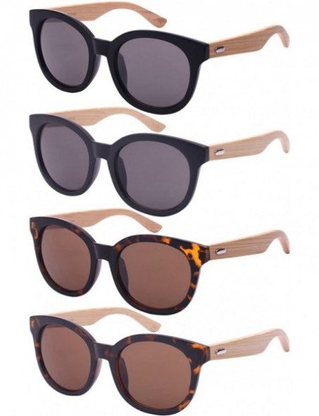 Round Round Horned Rim Wooden Bamboo Sunglasses w/Solid Lenses 31994BM-SD - Matte Tortoise - CP124QU9ANN $15.55