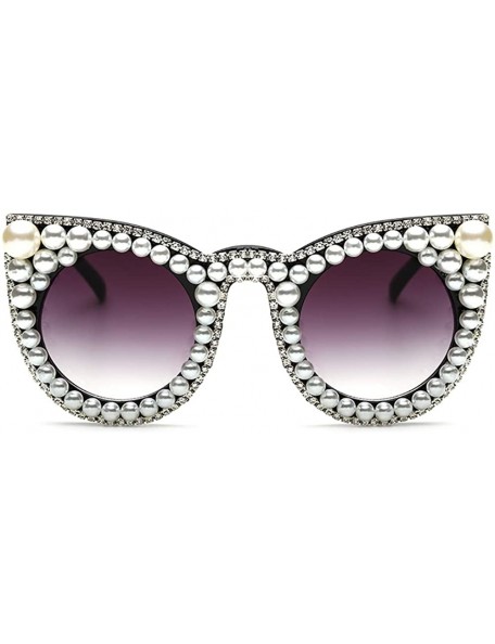 Round Large Crystal Sunglasses for Women Pearl Jeweled Round Cateye Butterfly Frame - Crystal & Pearl Trimmed - CG194UHDD0I $...