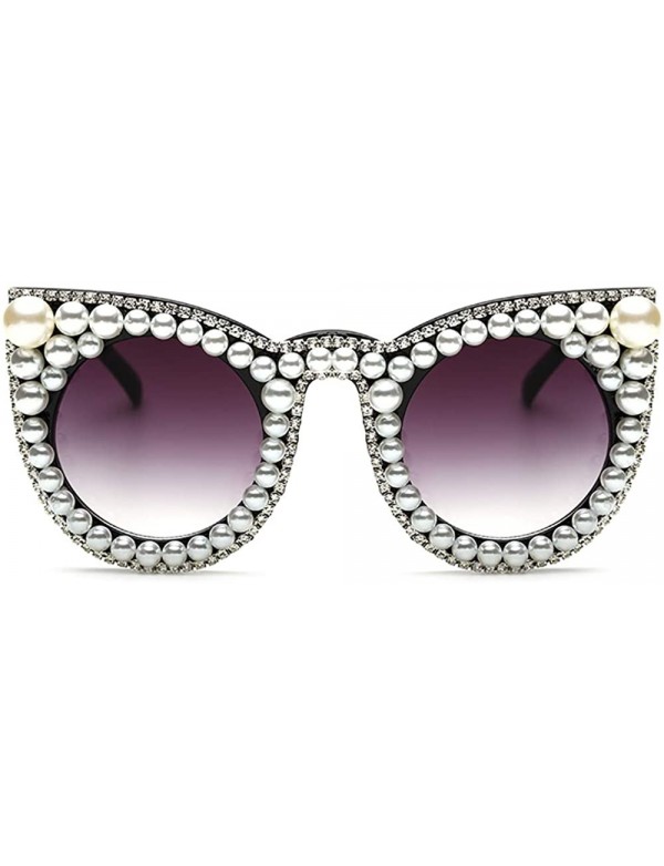 Round Large Crystal Sunglasses for Women Pearl Jeweled Round Cateye Butterfly Frame - Crystal & Pearl Trimmed - CG194UHDD0I $...