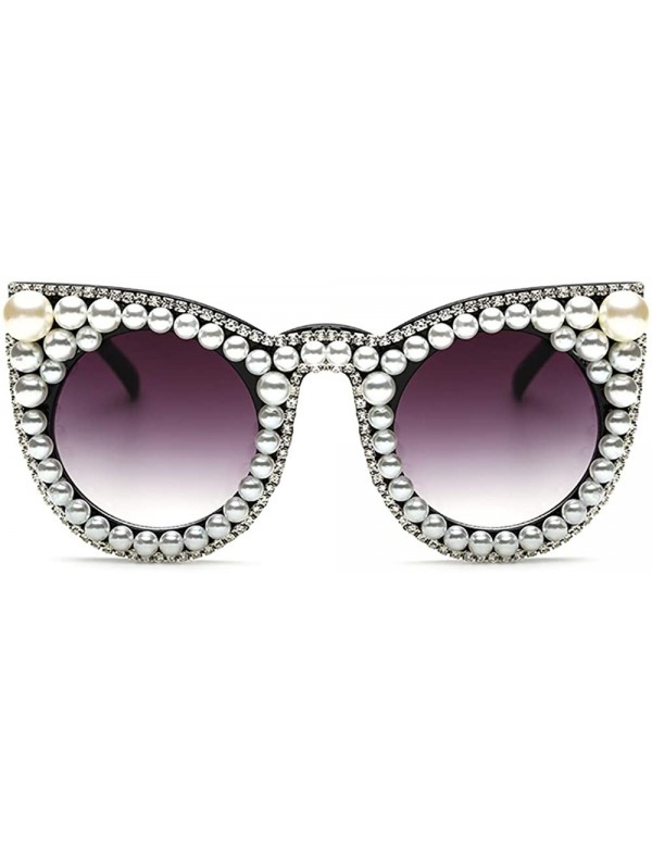 Round Large Crystal Sunglasses for Women Pearl Jeweled Round Cateye Butterfly Frame - Crystal & Pearl Trimmed - CG194UHDD0I $...