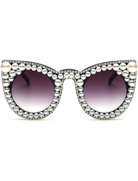 Round Large Crystal Sunglasses for Women Pearl Jeweled Round Cateye Butterfly Frame - Crystal & Pearl Trimmed - CG194UHDD0I $...