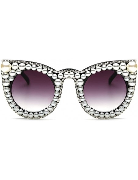 Round Large Crystal Sunglasses for Women Pearl Jeweled Round Cateye Butterfly Frame - Crystal & Pearl Trimmed - CG194UHDD0I $...