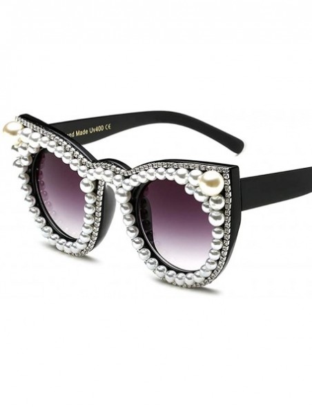 Round Large Crystal Sunglasses for Women Pearl Jeweled Round Cateye Butterfly Frame - Crystal & Pearl Trimmed - CG194UHDD0I $...