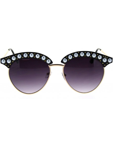 Round Womens Pearl Jewel Half Rim Chic Sunglasses - Black Gold Smoke - CG18SAR2ZK7 $27.99