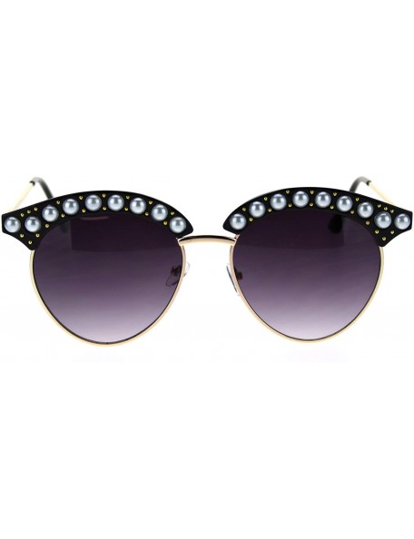 Round Womens Pearl Jewel Half Rim Chic Sunglasses - Black Gold Smoke - CG18SAR2ZK7 $13.21