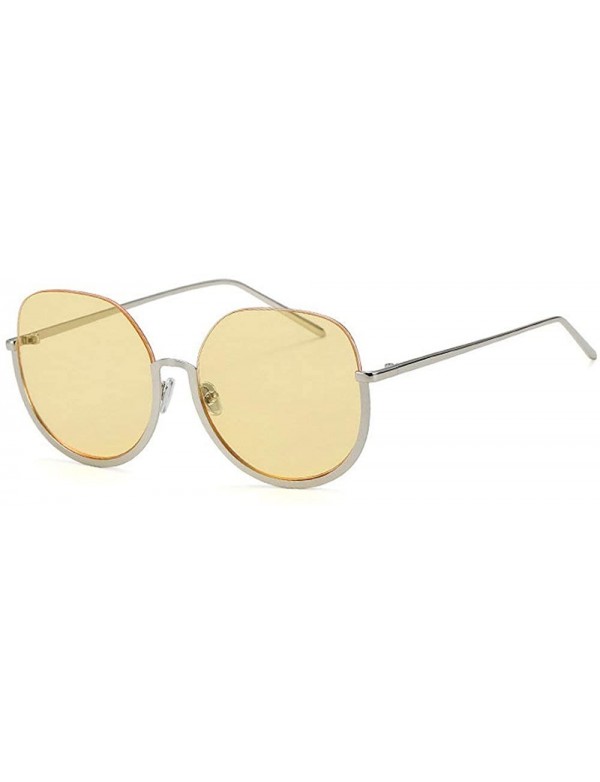 Round Retro Round Frame Sunglasses Female Metal Half Frame Men Brown Big Box sunglasses - Yellow - CM18WZXDDAY $10.93