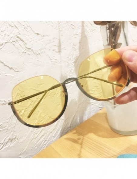 Round Retro Round Frame Sunglasses Female Metal Half Frame Men Brown Big Box sunglasses - Yellow - CM18WZXDDAY $10.93