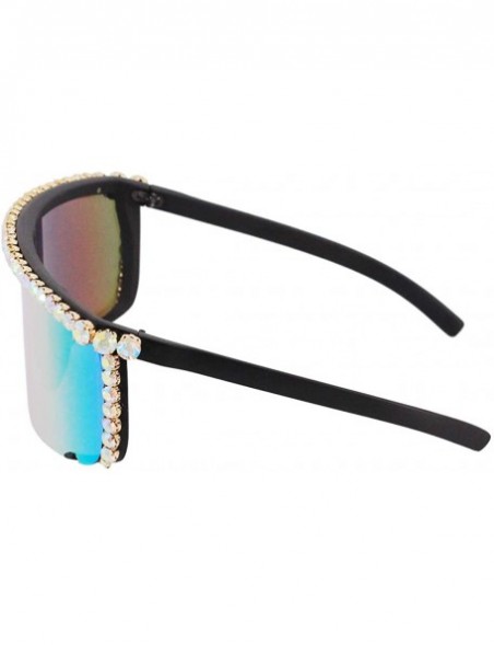 Wrap Rhinestone Oversize Shield Visor Sunglasses Flat Top Mirrored Mono Lens - Rainbow Mirror - C818XTU2CSL $15.50