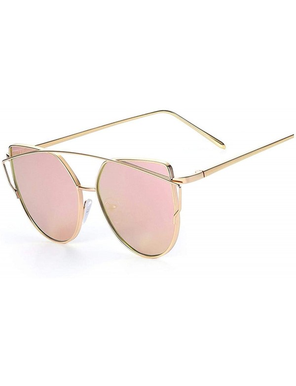 Cat Eye Cat Eye Brand Sunglasses Women Designer Mirror Flat Rose Gold Vintage Metal Reflective Female Oculos Gafas - C1 - CP1...