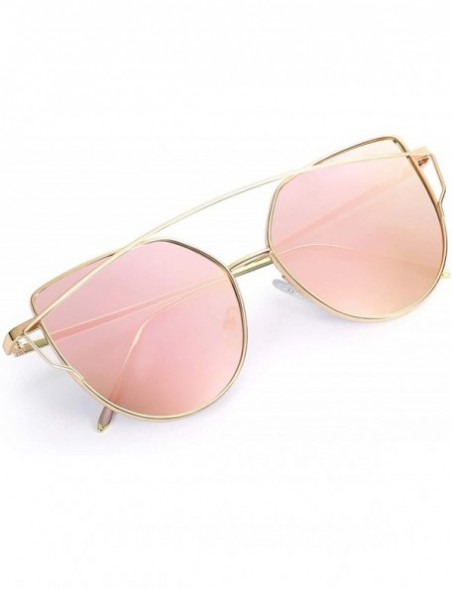 Cat Eye Cat Eye Brand Sunglasses Women Designer Mirror Flat Rose Gold Vintage Metal Reflective Female Oculos Gafas - C1 - CP1...