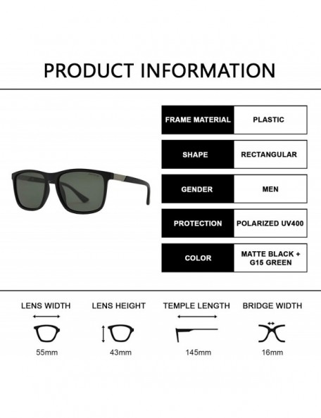 Rectangular Mens Polarized Sports Rectangular Sunglasses UV Protection Anti Glare - Matte Black + G15 Green - CP195D2CGGO $12.46