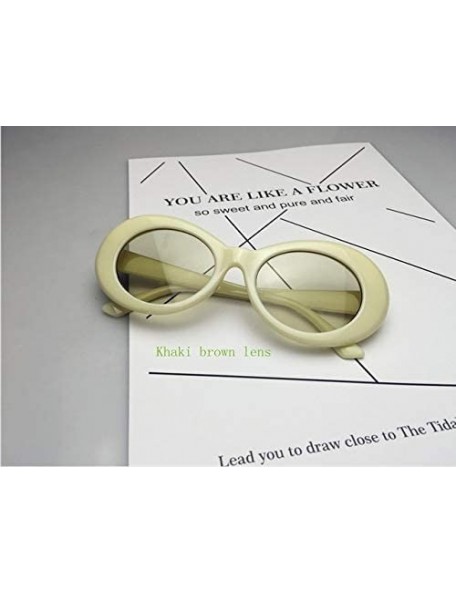 Oval Glasses Oval Sunglasses Ladies Trendy Vintage Retro Sunglasses Women's White Black Eyewear UV-Khaki - Khaki - CY19922ZIQ...