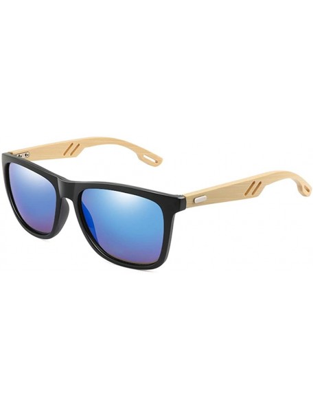Square Bamboo Wood Arms Sunglasses Women Men Classic Square Driving Glasses - Bright Black Blue - CG192I5IN0E $12.45