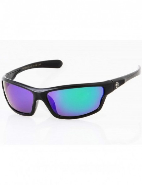 Wrap Men's Rectangular Sports Wrap 65mm Polarized Sunglasses - Black- Green Mirror Lens - CX19572WOQA $14.65