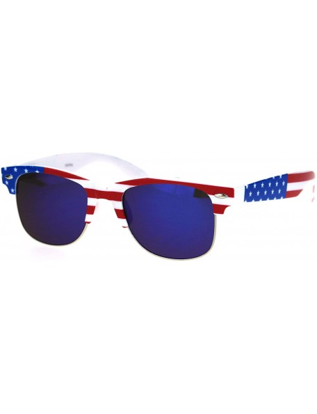 Rectangular Mens American Flag Print Half Horn Rim Hipster Sunglasses - White Blue Mirror - CD18LNO5D22 $7.98