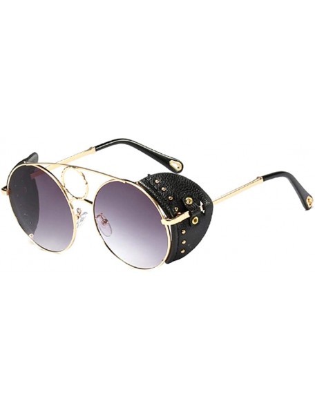 Round Women's Fashion Sunglasses Metal Round Frame Eyewear With Leather - Gold Black Gray - CI18W6LSUI4 $38.07