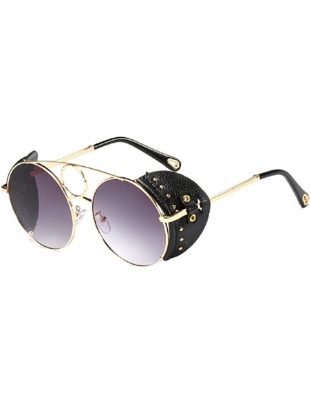 Round Women's Fashion Sunglasses Metal Round Frame Eyewear With Leather - Gold Black Gray - CI18W6LSUI4 $22.14