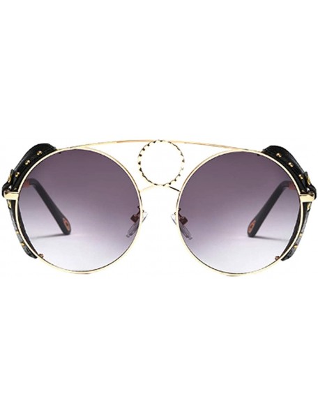 Round Women's Fashion Sunglasses Metal Round Frame Eyewear With Leather - Gold Black Gray - CI18W6LSUI4 $22.14