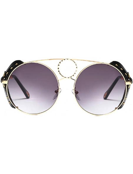 Round Women's Fashion Sunglasses Metal Round Frame Eyewear With Leather - Gold Black Gray - CI18W6LSUI4 $22.14