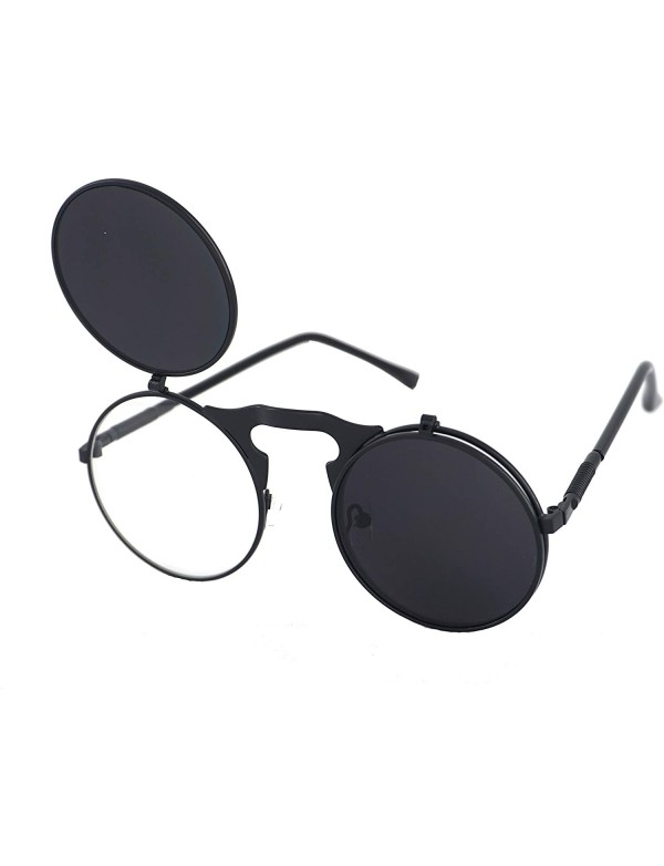 Round Vintage John Lennon Sunglasses Flip Up Round Lens Metal Frame - Black Frame/Black Lens - CF18XN44WN4 $13.08