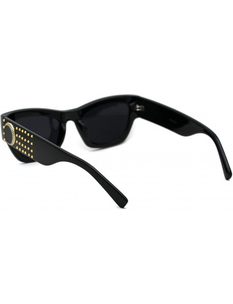 Rectangular Womens Mod Metal Stud Jewel Thick Plastic Cat Eye Sunglasses - All Black - C618WNCTCH5 $12.56