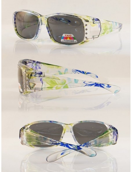 Wrap Transparent Flower Pattern Bling Rectangular Polarized OTG Sunglasses P014 - Purple Flower in Green - CF18C3SX7D2 $13.73