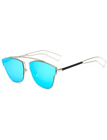 Cat Eye Large Retro VINTAGE Cat Eye Aviator Fashion Oversized Women Sunglasses Flat Top - Silver Frame Blue - CX18GD2YY45 $11.51