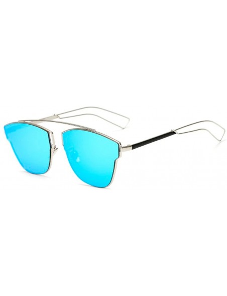 Cat Eye Large Retro VINTAGE Cat Eye Aviator Fashion Oversized Women Sunglasses Flat Top - Silver Frame Blue - CX18GD2YY45 $11.51