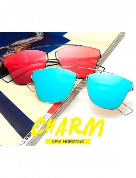 Cat Eye Large Retro VINTAGE Cat Eye Aviator Fashion Oversized Women Sunglasses Flat Top - Silver Frame Blue - CX18GD2YY45 $11.51