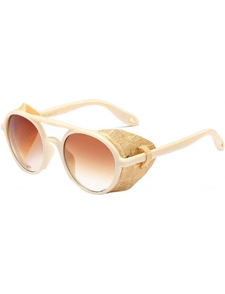 Round Women's Retro Classic Round Plastic Frame Sunglasses With Leather - Beige Yellow Brown - CU18W7HUIM0 $27.57