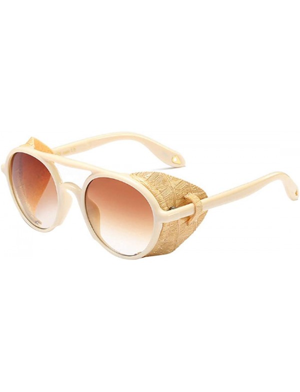 Round Women's Retro Classic Round Plastic Frame Sunglasses With Leather - Beige Yellow Brown - CU18W7HUIM0 $27.57