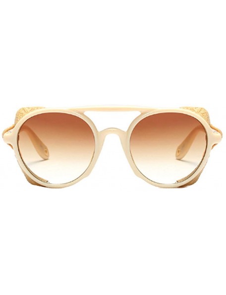 Round Women's Retro Classic Round Plastic Frame Sunglasses With Leather - Beige Yellow Brown - CU18W7HUIM0 $27.57