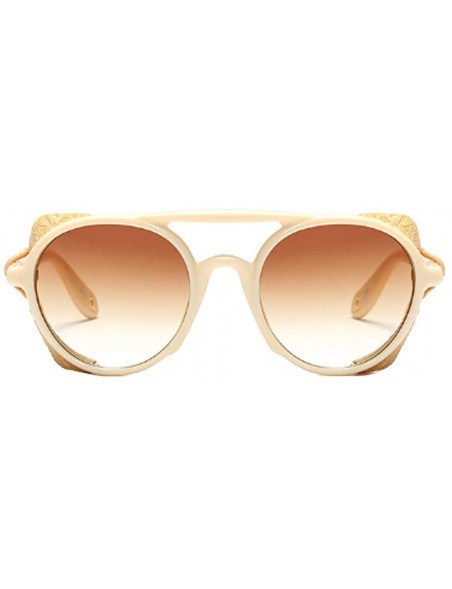 Round Women's Retro Classic Round Plastic Frame Sunglasses With Leather - Beige Yellow Brown - CU18W7HUIM0 $27.57