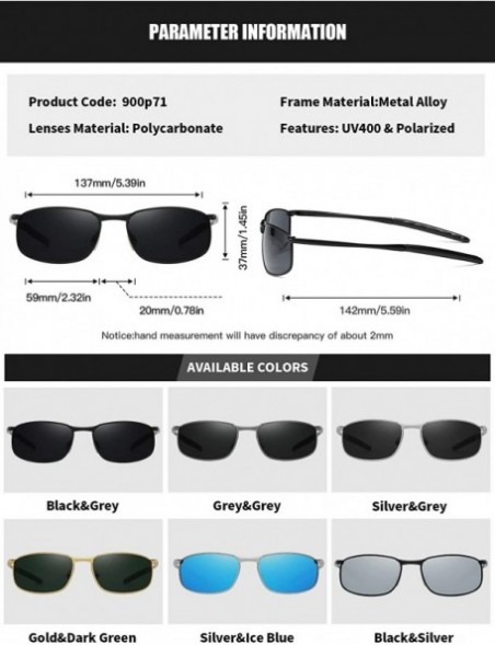 Rectangular Polarized Sunglasses for Mens UV Protection Alloy Rectangular Frame for Driving Fishing Golf Shades - Silver Grey...