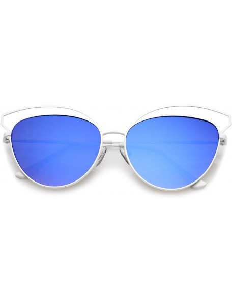 Cat Eye Women's Open Metal Frame Colored Mirror Oversize Cat Eye Sunglasses 58mm - White / Blue Mirror - CY12O7QAFWU $10.94
