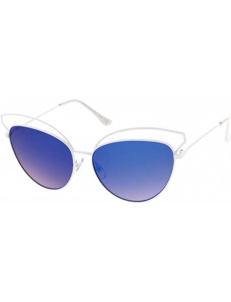 Cat Eye Women's Open Metal Frame Colored Mirror Oversize Cat Eye Sunglasses 58mm - White / Blue Mirror - CY12O7QAFWU $10.94