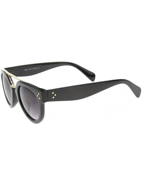 Round Modern Double Bridge Brow Bar Wide Temple Round Horn Rimmed Sunglasses 60mm - Black-gold / Lavender - C012IGJZR3N $8.82