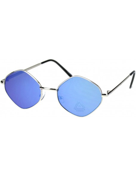 Oval Retro Hippie Diamond Reflective Color Mirror Lens Metal Rim Sunglasses - Silver Blue Mirror - CH18QX6GI28 $11.93