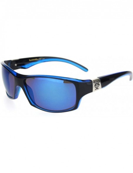 Rectangular Biohazard Mens Warp Around Biker Style Sport Plastic Sunglasses - Black Blue Blue Mirror - CX18OTI03E6 $12.25