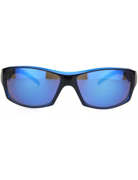Rectangular Biohazard Mens Warp Around Biker Style Sport Plastic Sunglasses - Black Blue Blue Mirror - CX18OTI03E6 $12.25