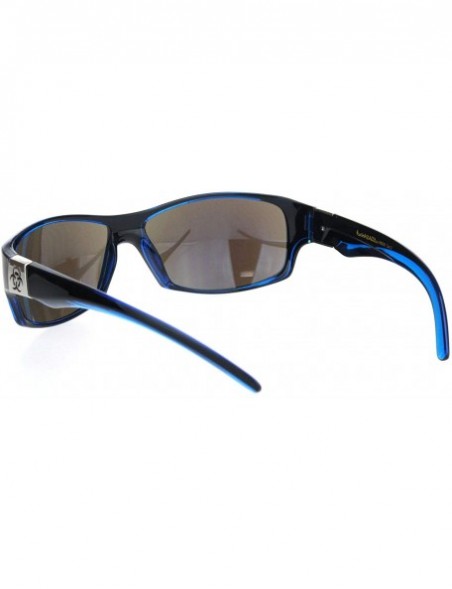 Rectangular Biohazard Mens Warp Around Biker Style Sport Plastic Sunglasses - Black Blue Blue Mirror - CX18OTI03E6 $12.25