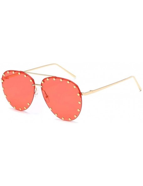 Rimless Rivet Oval Sunglasses Brand Designer Black Pink Eyewear Rimless Double Bridge Frame Oculos UV400 - CI198OG0MNW $17.83