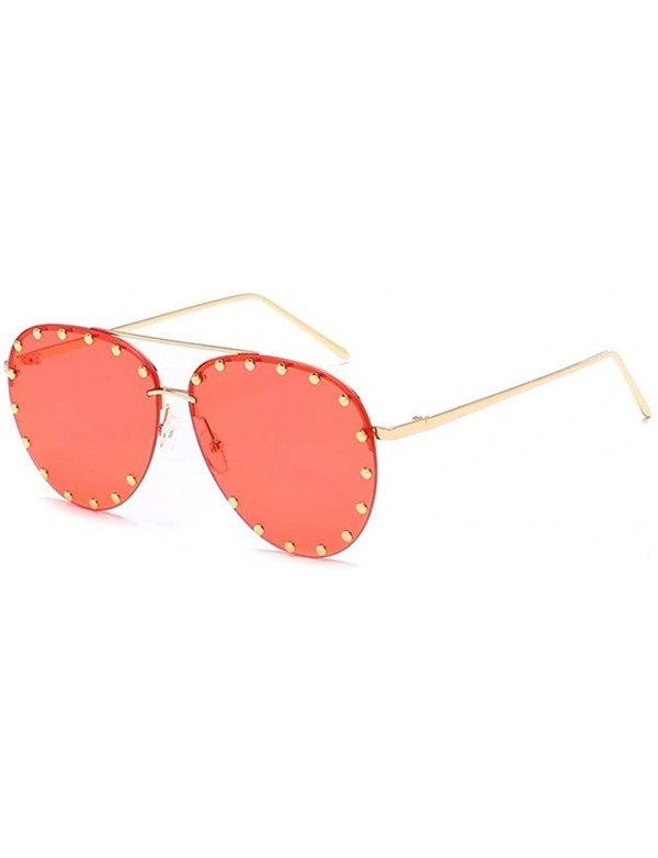 Rimless Rivet Oval Sunglasses Brand Designer Black Pink Eyewear Rimless Double Bridge Frame Oculos UV400 - CI198OG0MNW $17.83