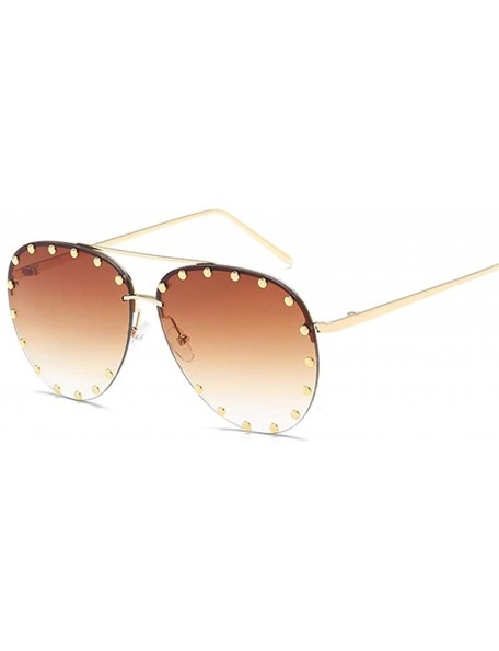 Rimless Rivet Oval Sunglasses Brand Designer Black Pink Eyewear Rimless Double Bridge Frame Oculos UV400 - CI198OG0MNW $17.83