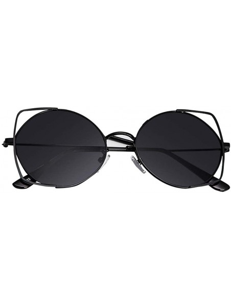 Cat Eye Retro Round Sunglasses for Women Cat Eye Mirrored Flat Lenses Metal Frame Sunglasses - Black - CL18RGQ5EQO $10.94